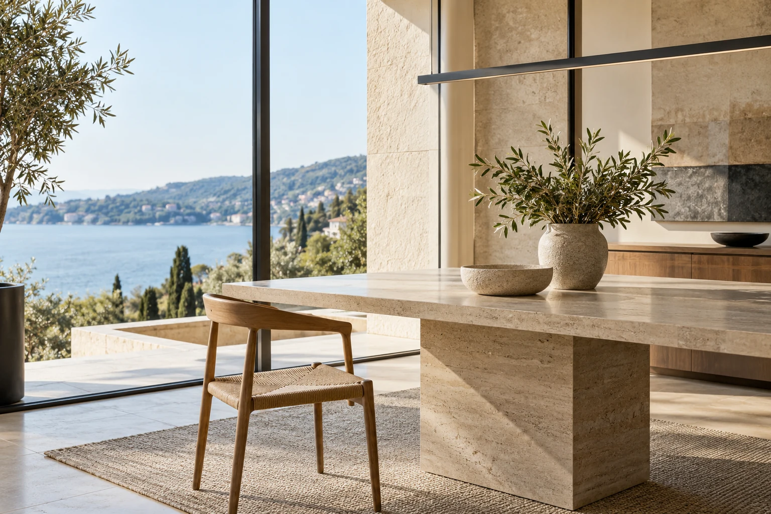 Illustrative contemporary apartment interior with natural light and limestone details