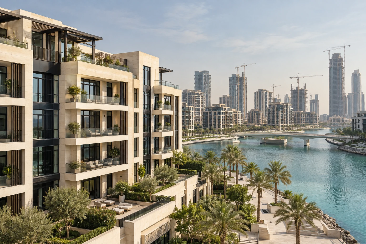 Conceptual architectural view of completed residences with construction in the distance