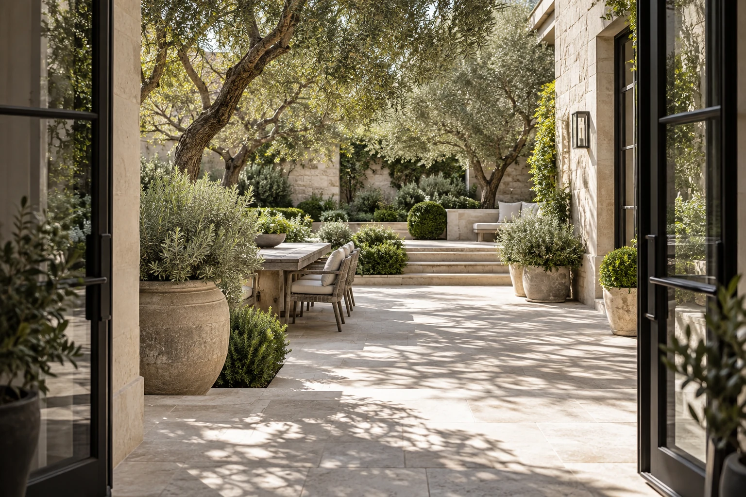 Illustrative villa entrance opening onto a private courtyard garden